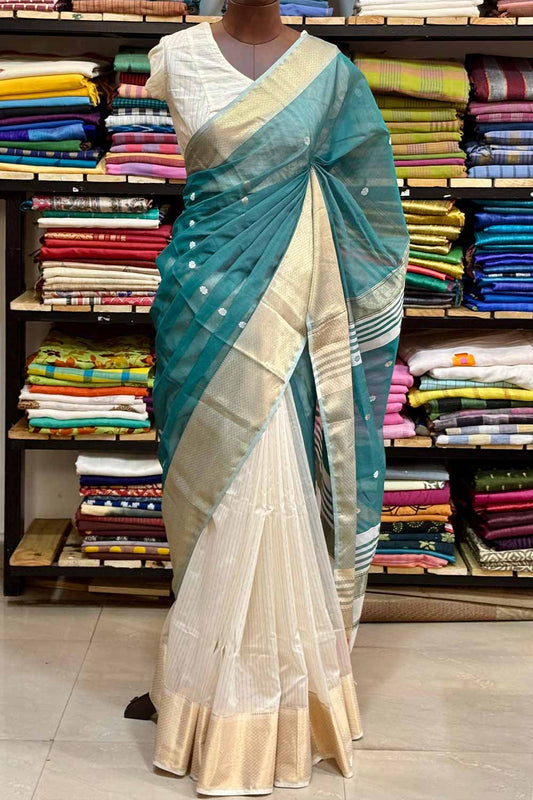 Blue Maheswari Silk Saree Half & Half
