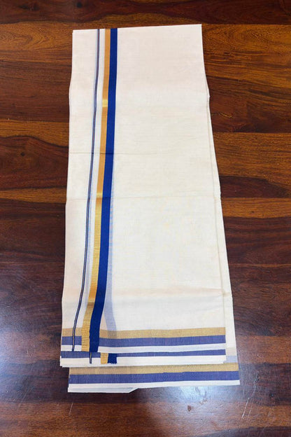 Offwhite  Thick Blue & Gold Border Dhothi