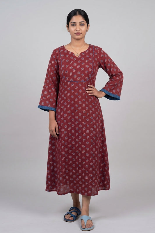Maroon Basae Rose Printed A Line Dress