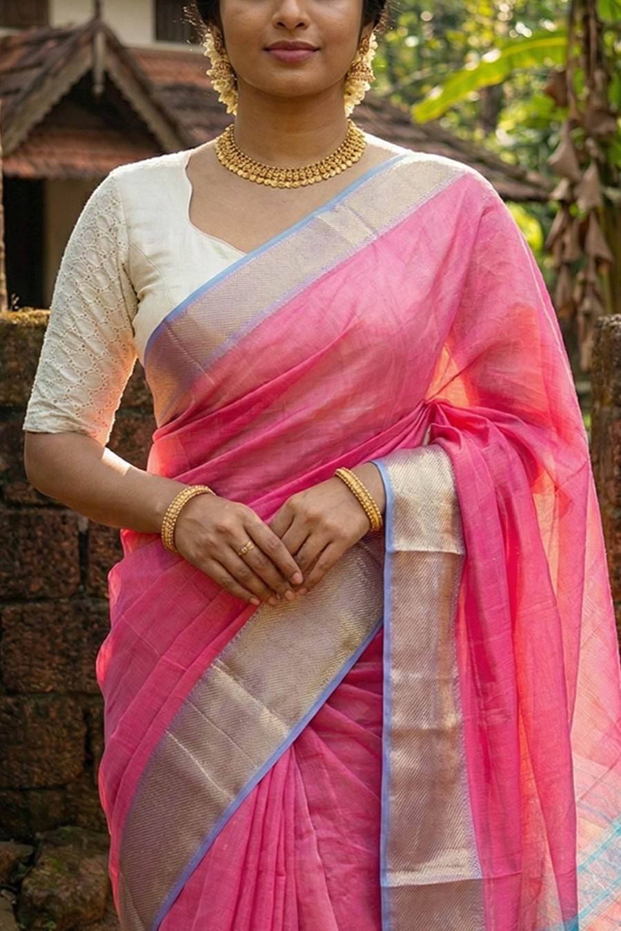 Maheshwari Silk Double Jeari Stripe Border Saree