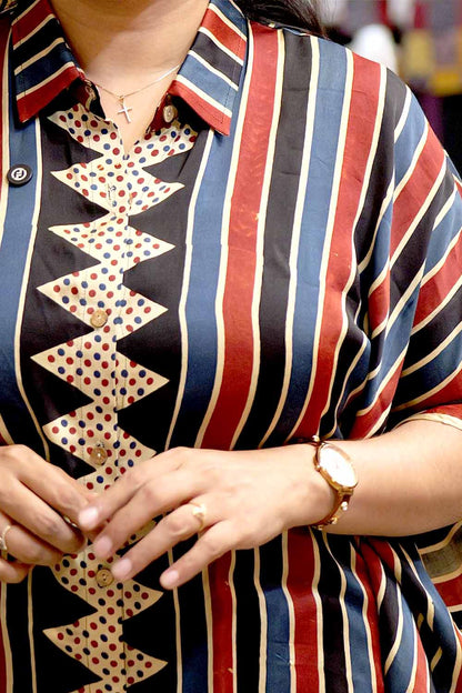 Beige Base Short Kaftan with Stripes