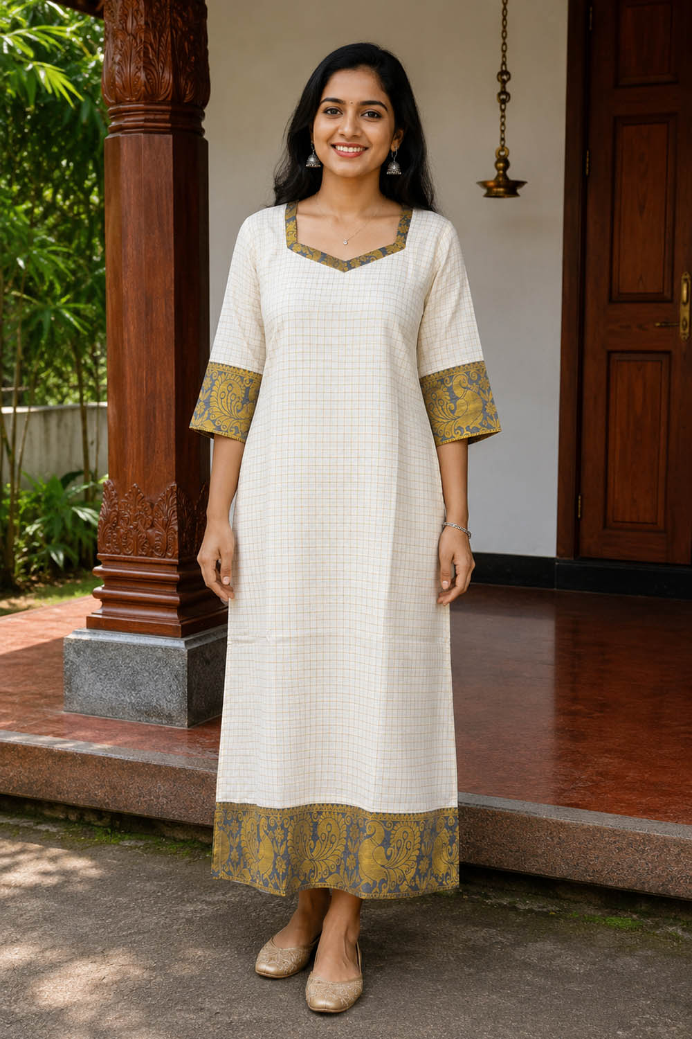 Offwhite Check Kurti with Grey Neck Border