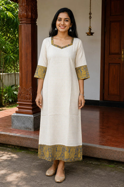 Offwhite Check Kurti with Grey Neck Border