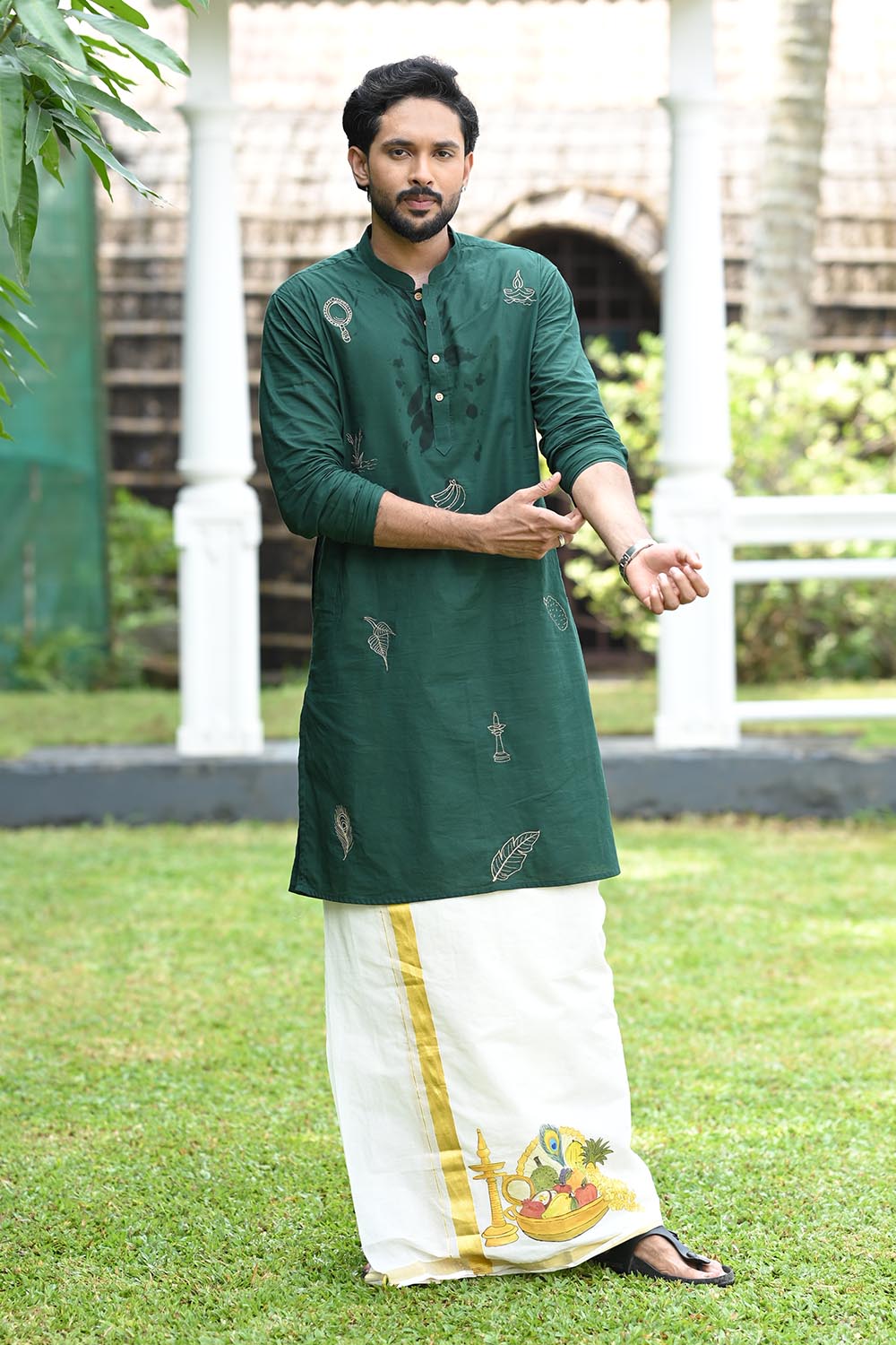 Offwhite Dhothi with Vishu Kani Handpainted