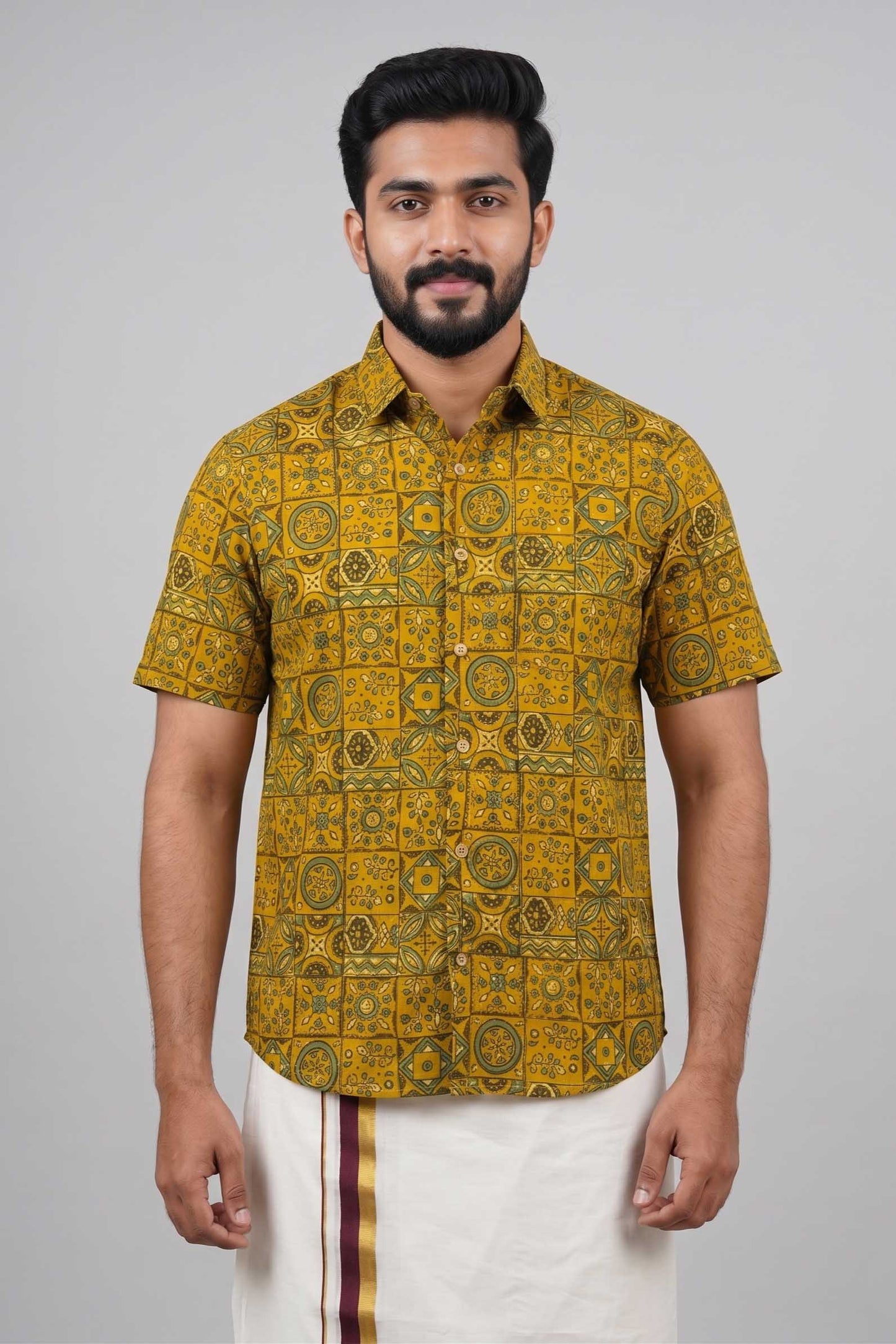 Yellow Base Geometrical Printed Shirt