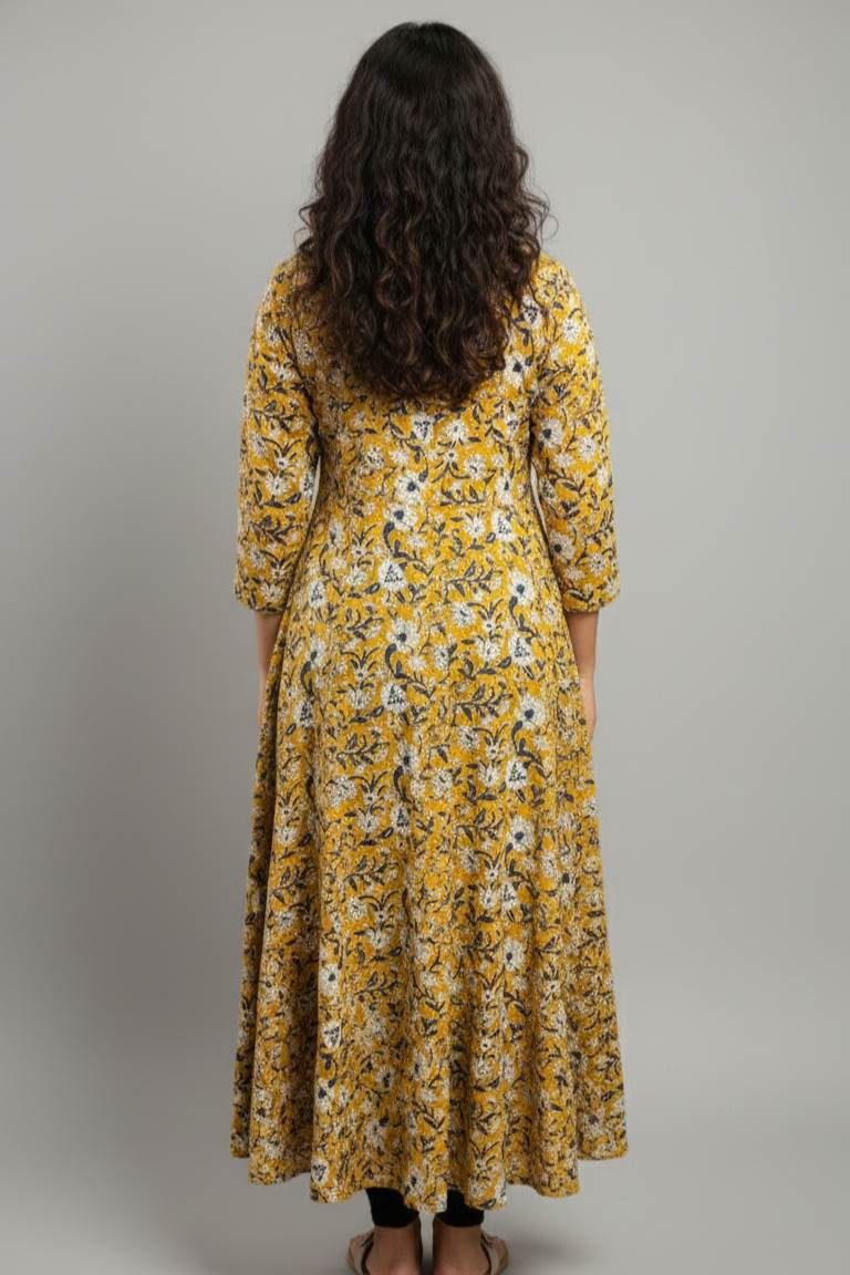Yellow Bagru Printed Anarkali