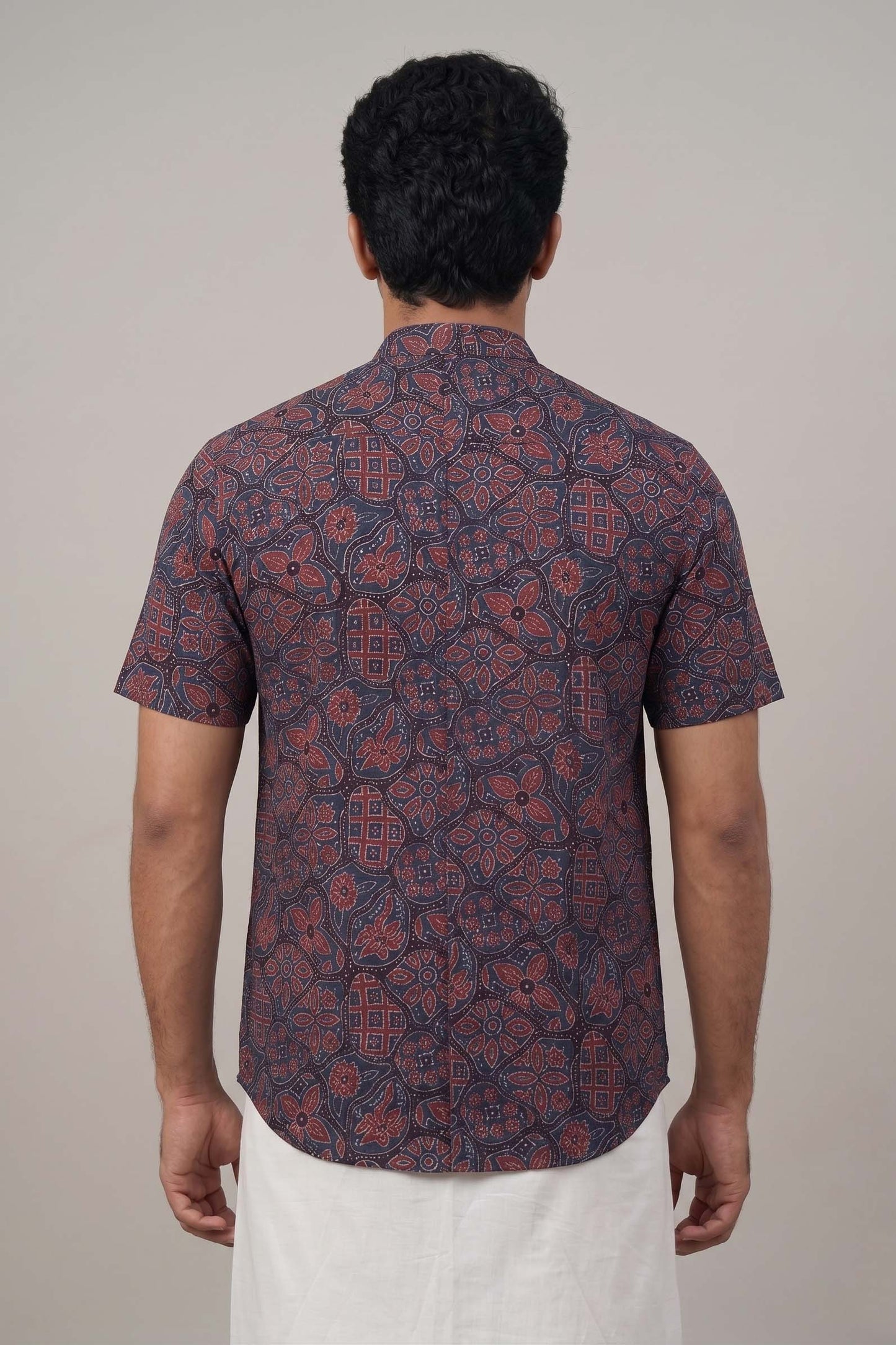 Navy Blue Base Chines Collar Ajrakh Hand Block Print Shirt
