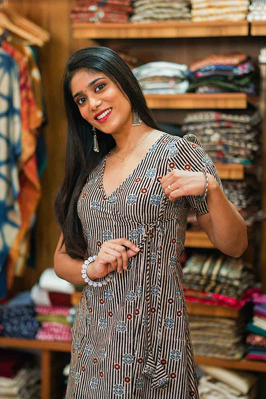 Ajrakh Striped Lines Angarakha Dress