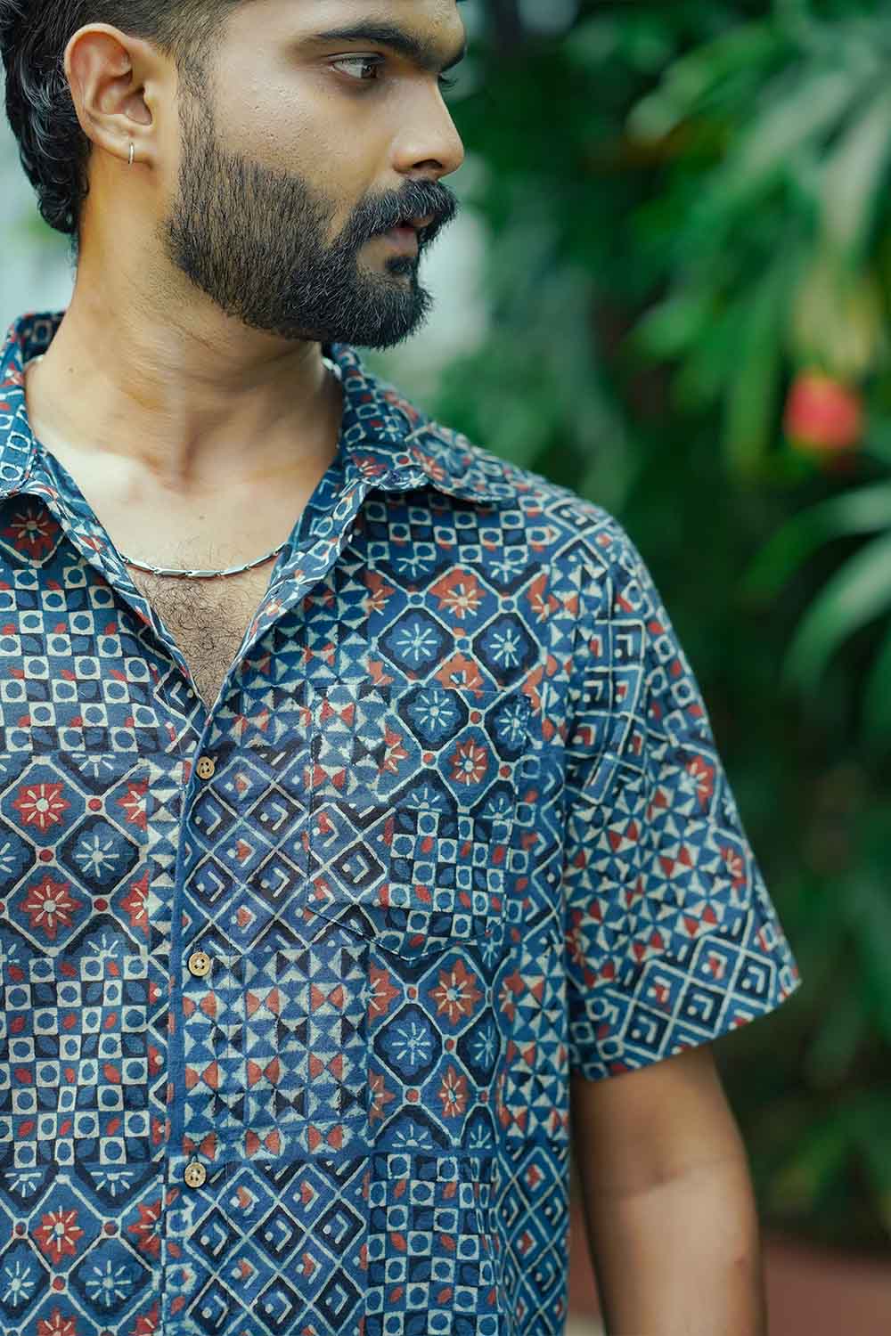 Blue Ajrakh Box Print Half Sleeve Shirt