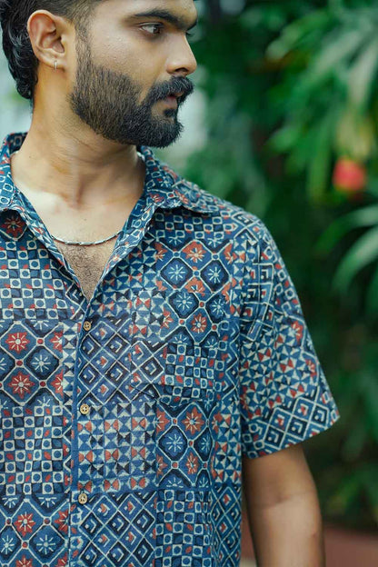 Blue Ajrakh Box Print Half Sleeve Shirt