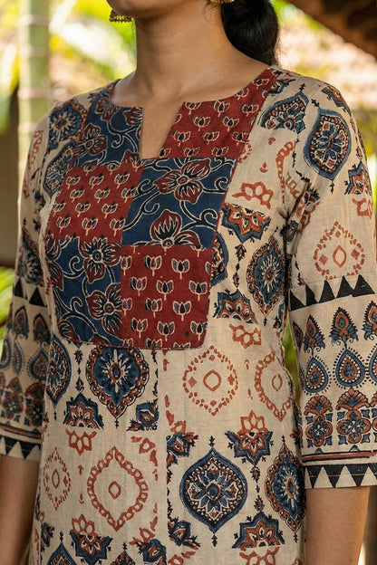 Offwhite Ajrakh Printed Red & Blue Kurti