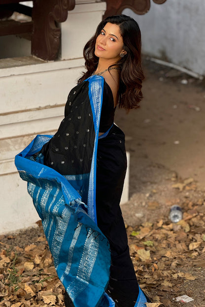 Kalyani Cotton Black and Blue Border Saree