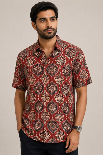 Red Base Modal Silk Printed Shirt