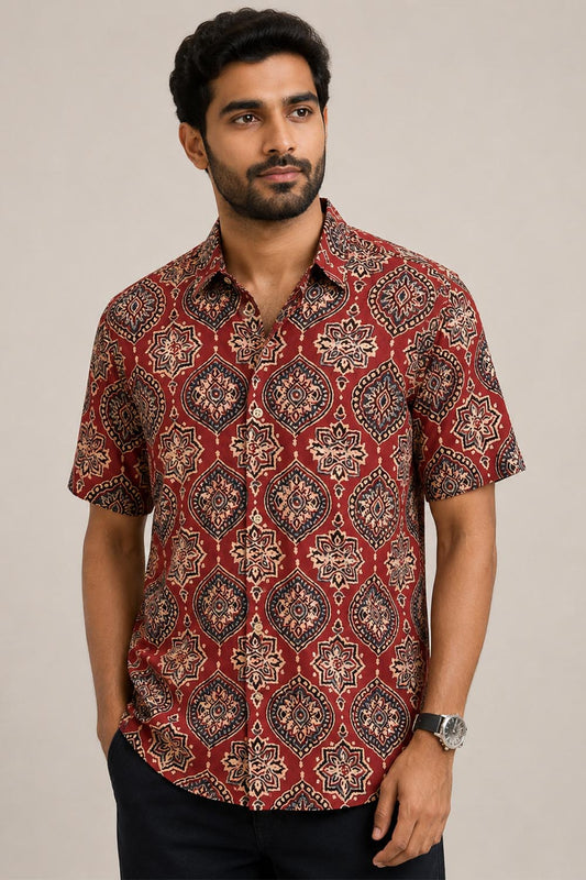 Red Base Modal Silk Printed Shirt