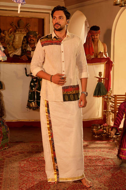 Golden & Silver Full Sleeve Off-White Shirt With Ajrakh Patch