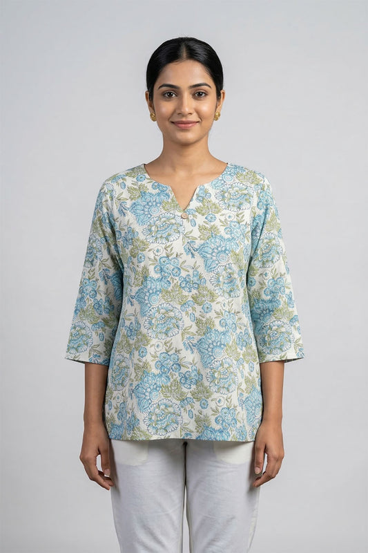 White Short Top with Blue Prints