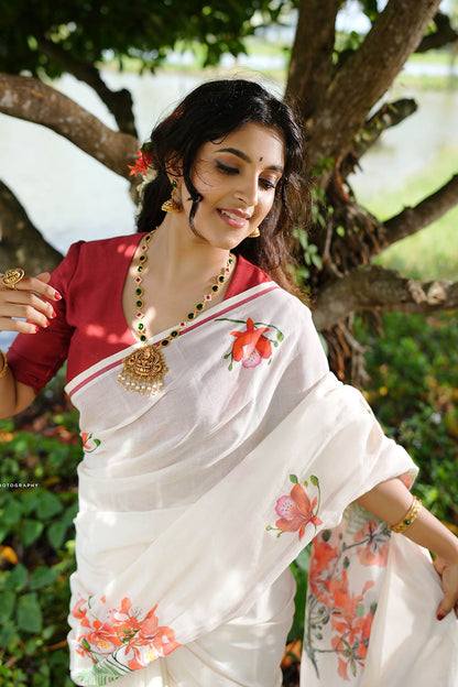 Maroon Puliyilakara Saree with Handpainted Gulmohar Flowers