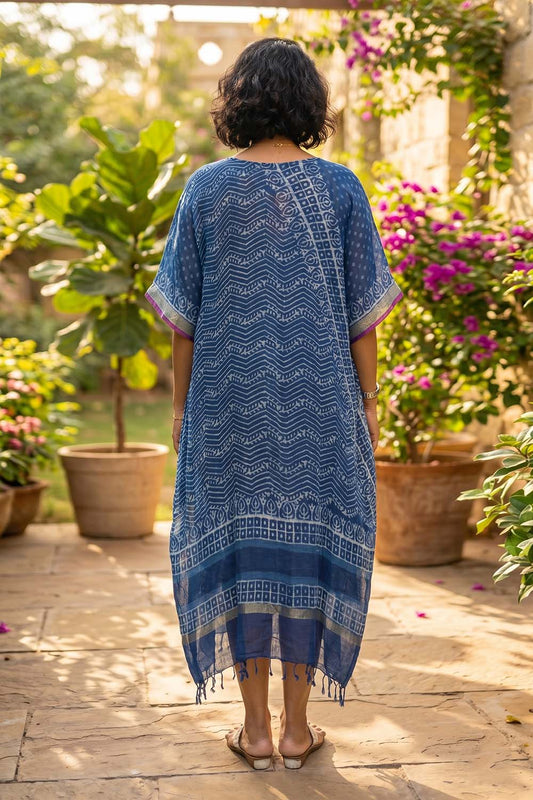 Linen Kaftan with Half Polka Dots & Zig Zag