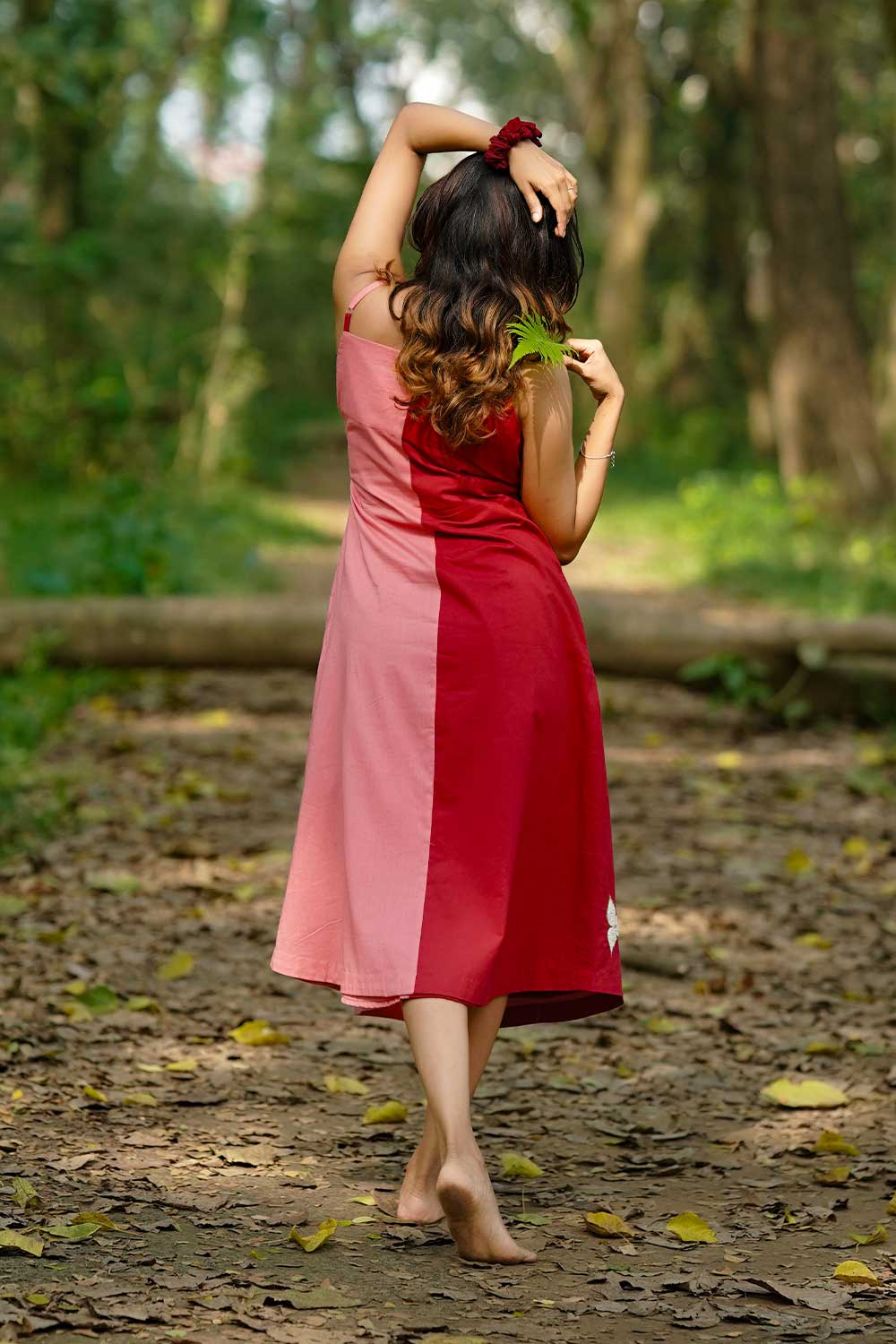 Pink And Red Spaghetti strap A line dress with Applique Work