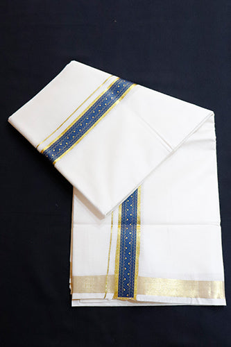 Offwhite Dhothi with Blue & Gold Print