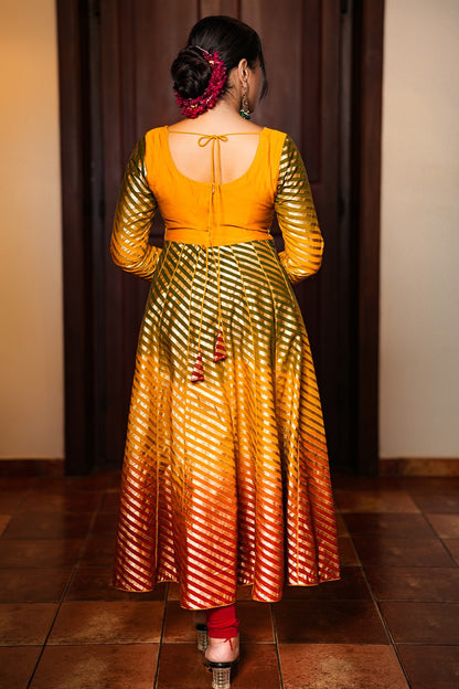 Yellow Green Orange & Golden Chanderi Silk Anarkali