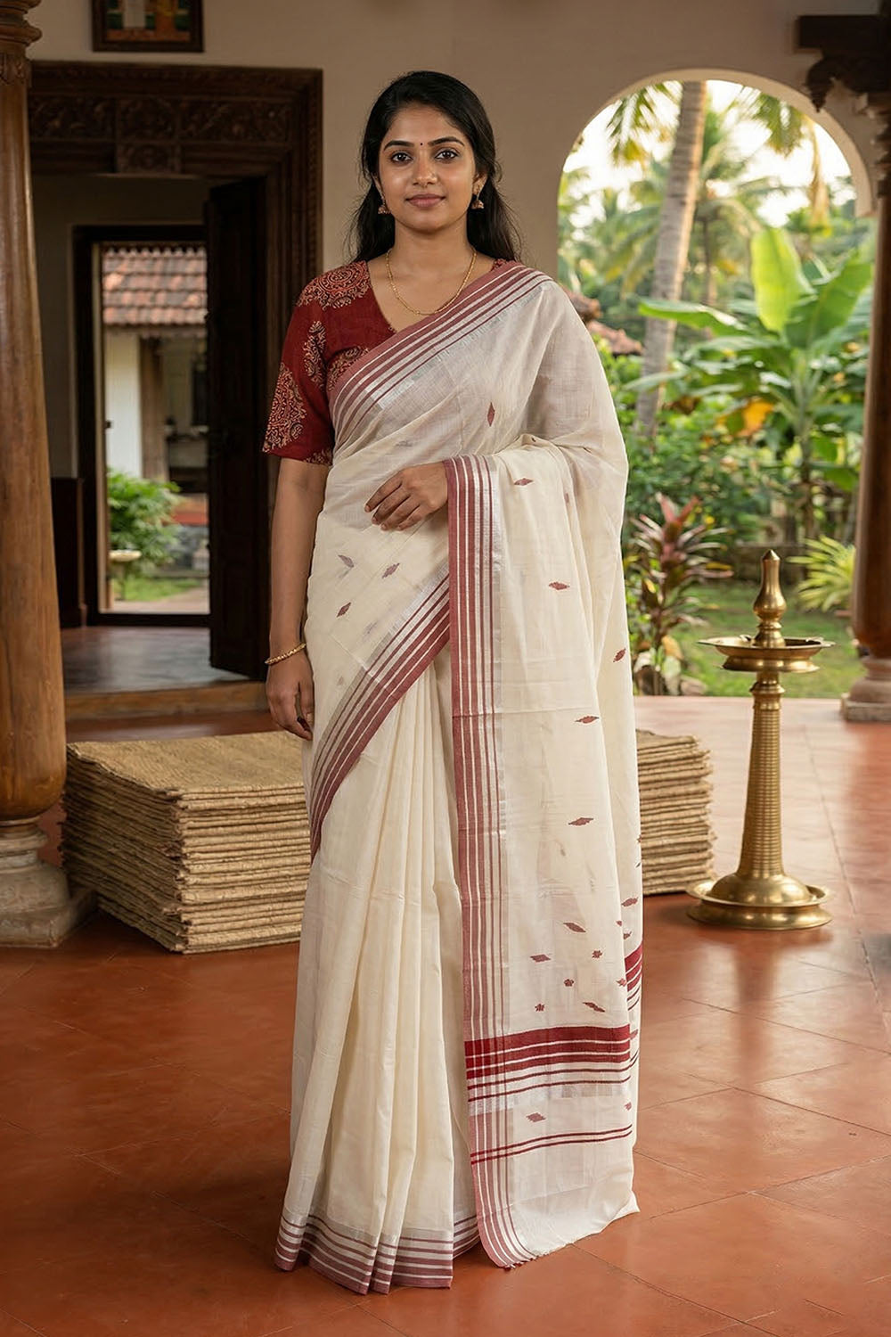 Offwhite Saree with Maroon & Silver Border