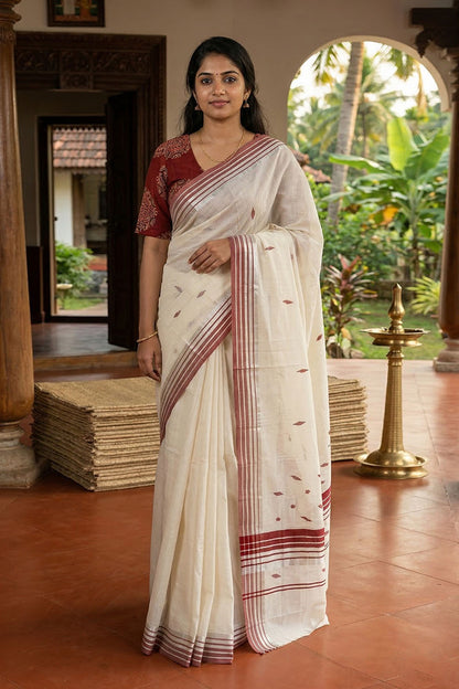 Offwhite Saree with Maroon & Silver Border