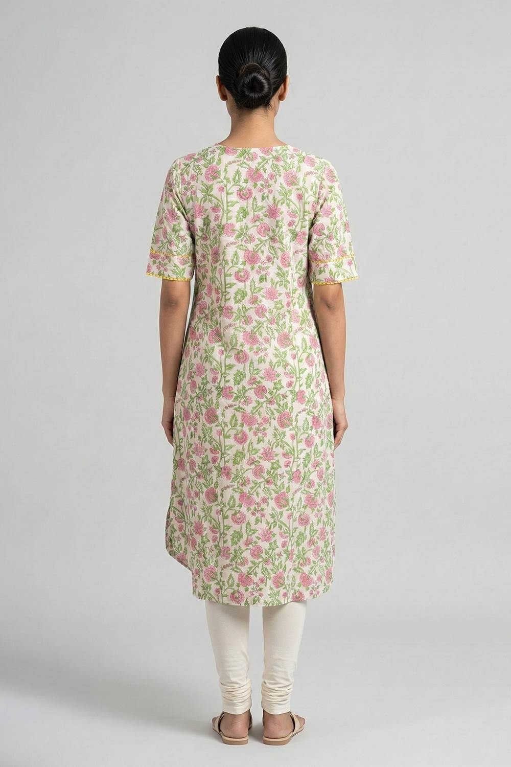 Beige Base Pink Floral A line Kurti
