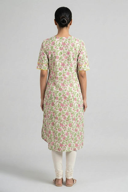 Beige Base Pink Floral A line Kurti