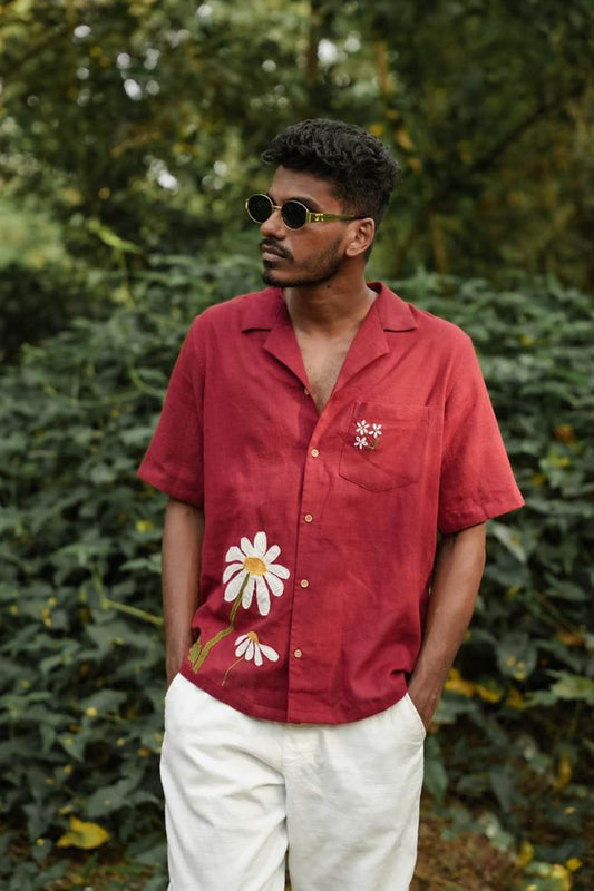 Maroon Shirt with Applique Daisy Flower