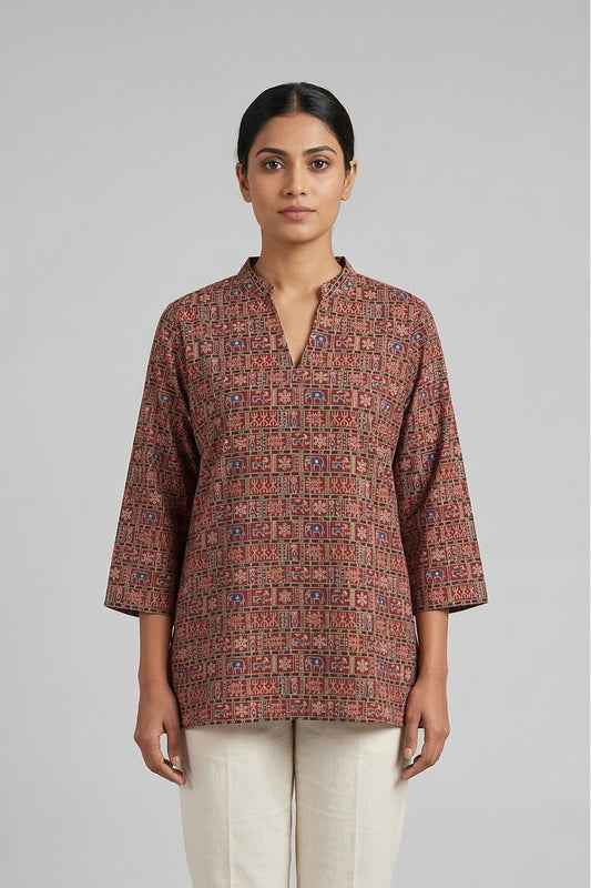 Red Goat & Elephant Print Short Top