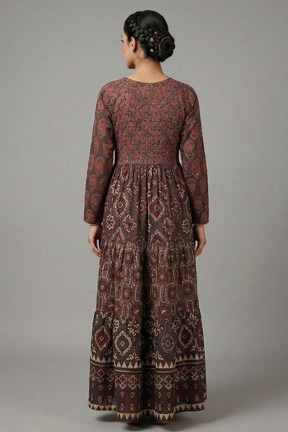 Brown Ajrakh Tiered Full Sleeve Dress