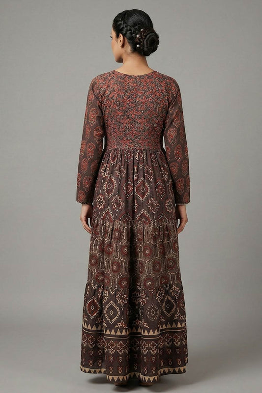Brown Ajrakh Tiered Full Sleeve Dress