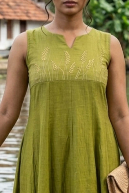 Golden Nelkathri Embroidery Mul Chandheri Anarkali