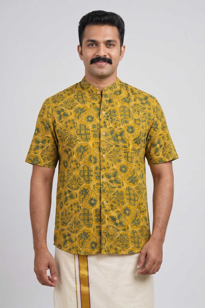Yellow & Green Chinese Collar Ajrakh Handblock Print Shirt