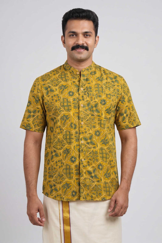 Yellow & Green Chinese Collar Ajrakh Handblock Print Shirt