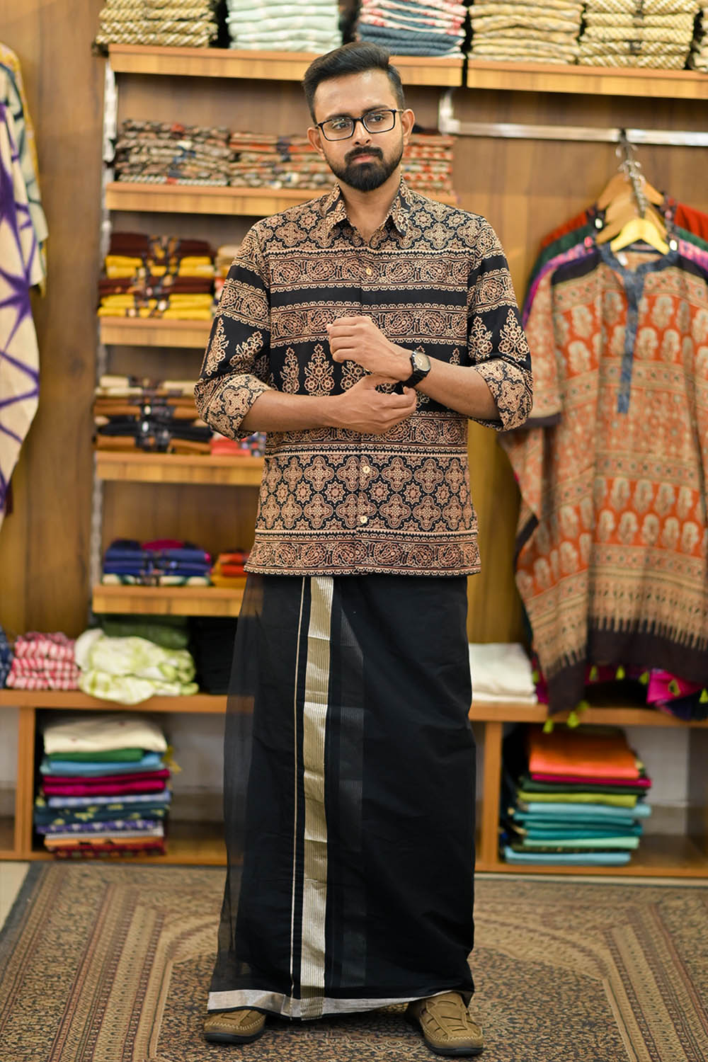 Ajrakh Black Floral Print Shirt