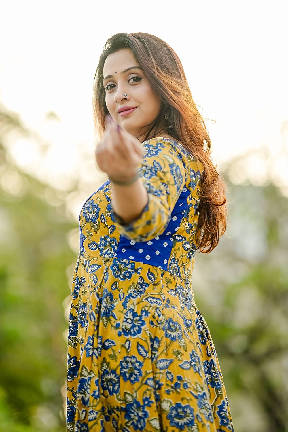 Yellow Anarkali with Blue Bandhani Yoke