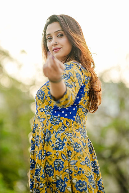 Yellow Anarkali with Blue Bandhani Yoke