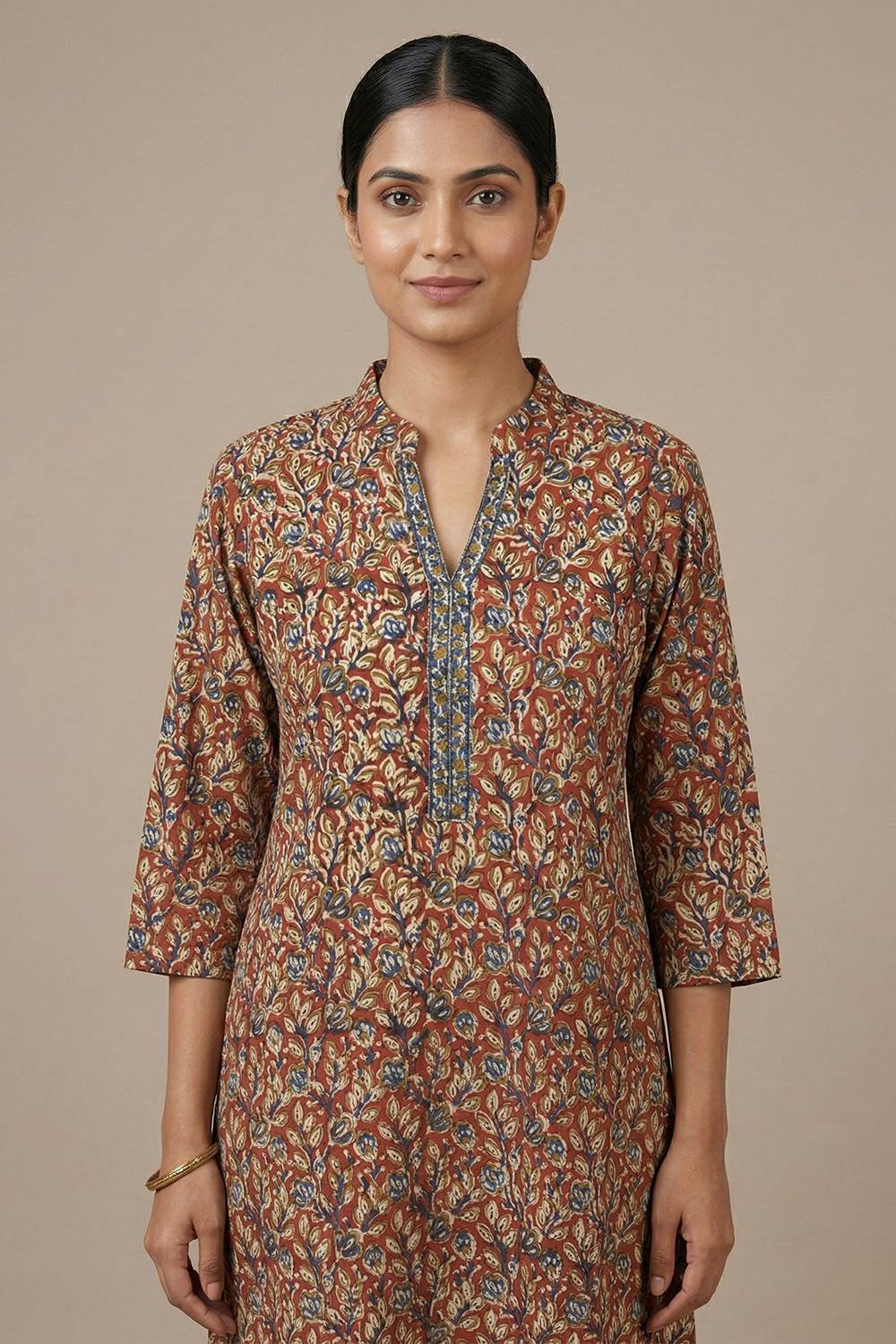 Red Slitted with Blue Small Creapers Print Kurti