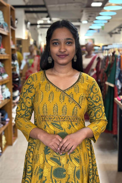 Yellow Ajrakh 5 Panel Anarkali