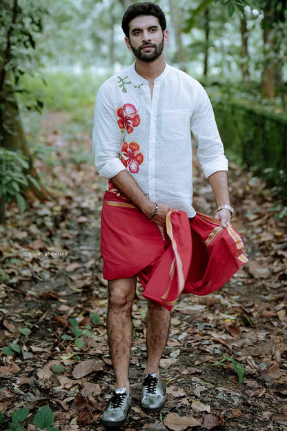 Red Dyed Gold & Silver Mundu