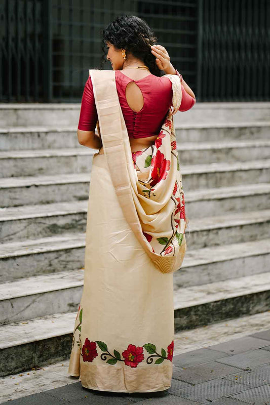Tussar Silk Saree Red Hand Painted Flowers