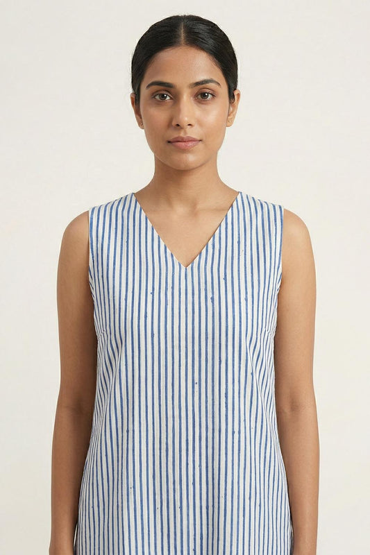 White with Blue Stripes Sleeveless Kurti