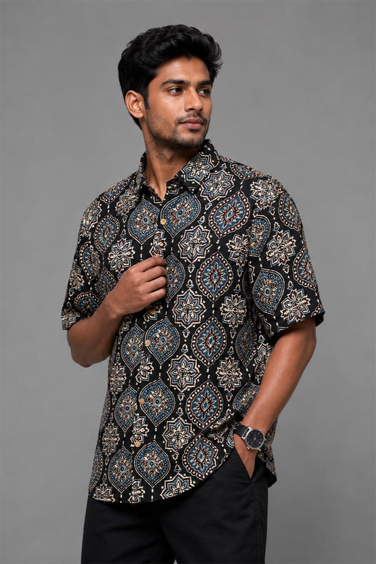 Black Base Modal Silk Print Shirt