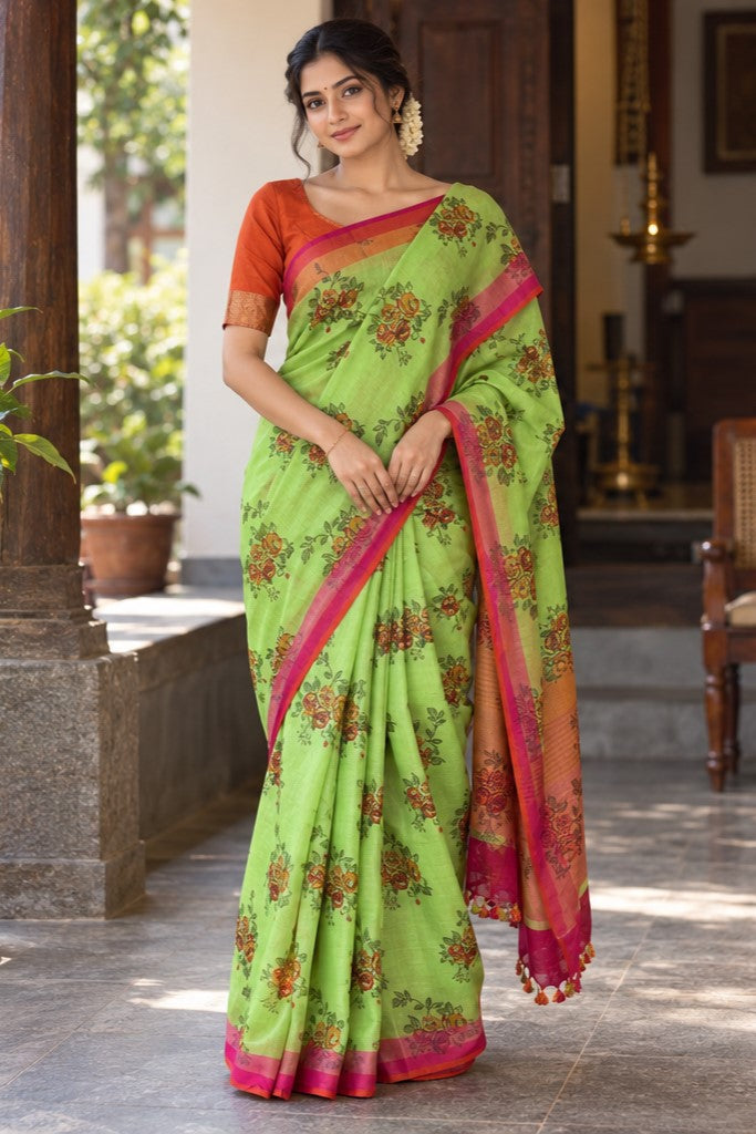Linen Saree with Floral Print