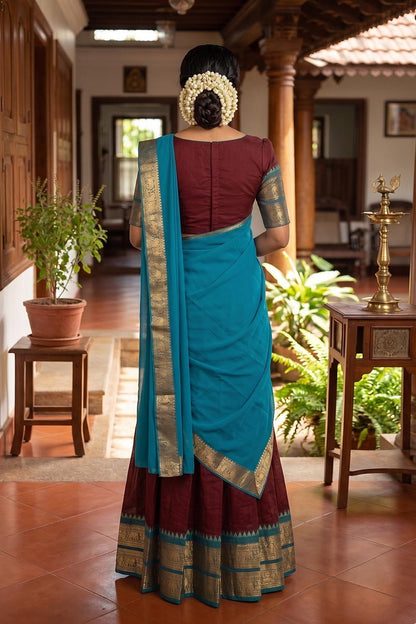Maroon & Blue Dhawani Set