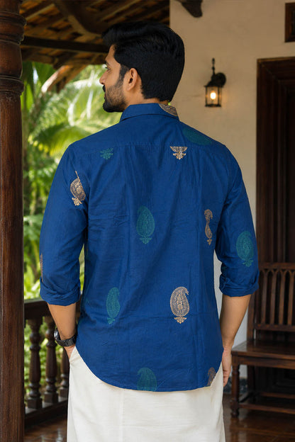 Blue Shirt with Gloden & Teal Shell Shaped Motif