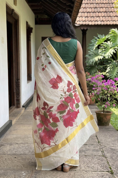 Hand Painted Bougainvillea Flower Kerala kasavu saree