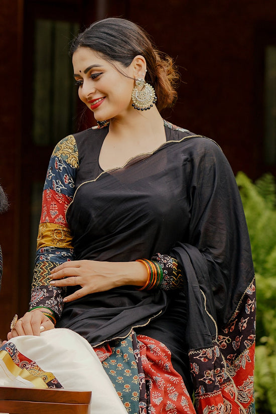 Black Mulcotton Ajrakh Patch Full Sleeve Blouse